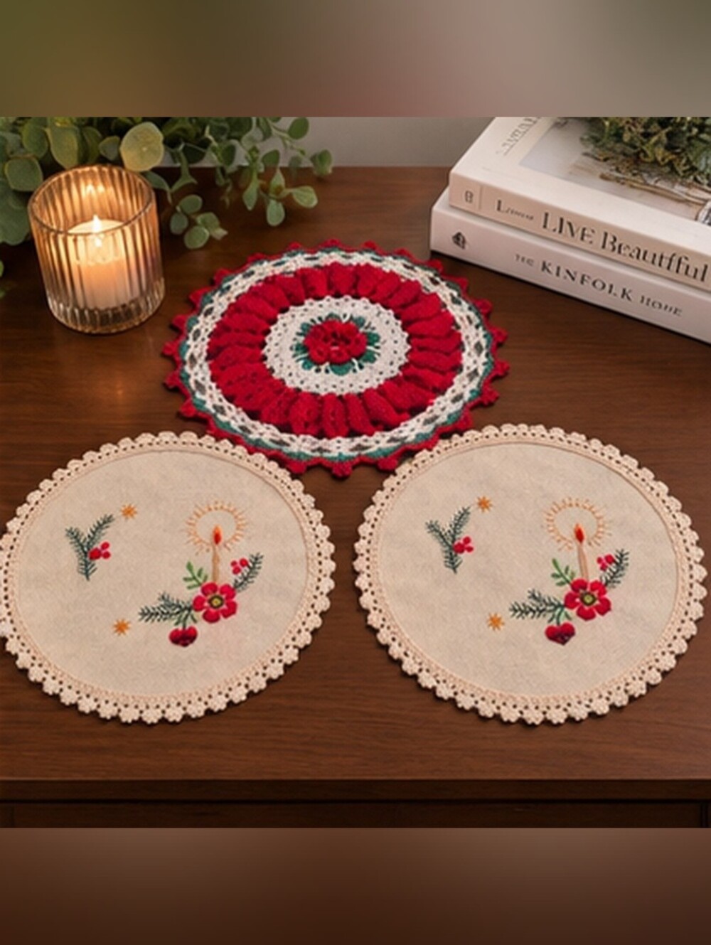Vintage Christmas Doilies Set of 3 Handmade Crochet & Embroidered 8” Holiday